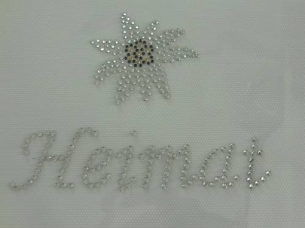 Edelweiss Schriftzug Heimat Strass Hotglue Hotfix Bügelbild