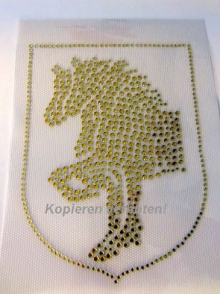 Brandzeichen FPZV Friesen Pferd Pferde Gold HOTFIX Bügelbild Strass Wappen