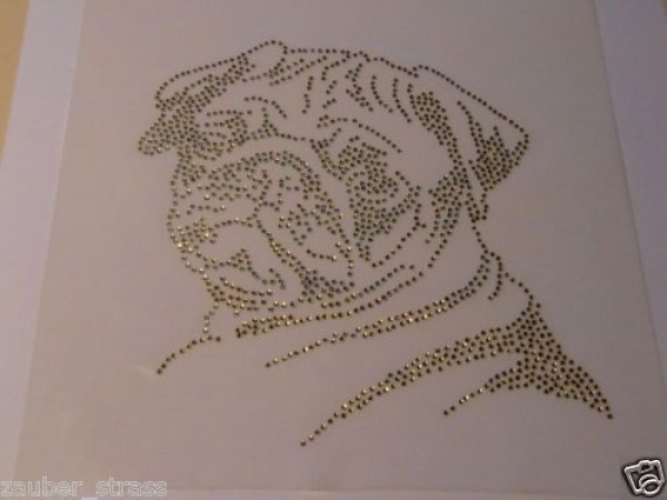 Super süßer Mops in Gold Strass Bügelbild Hotfix Hotglue