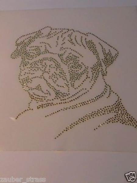 Super süßer Mops in Gold Strass Bügelbild Hotfix Hotglue