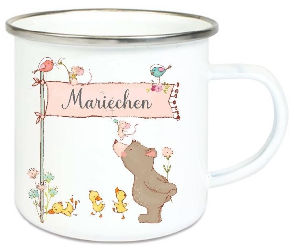 ♥ zauberhafte Tasse Emailletasse Bärchen Mäuse Name, Wunschname, KITA Kindergarten, Einschulung, Dankeschön, Abschied, Jubiläum, Geschenk, Becher von Lüttentüddel