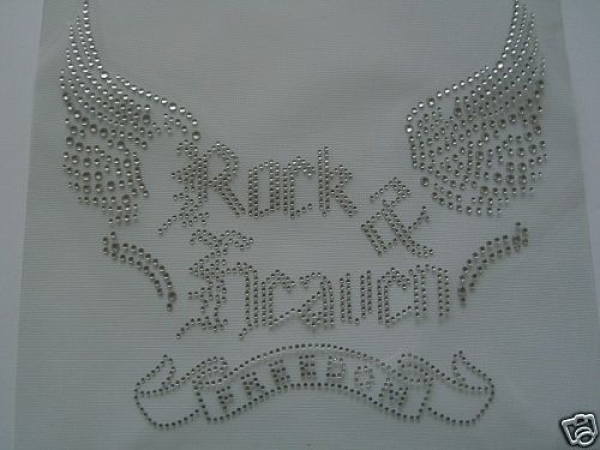 Flügel Hotfix Strass Bügelbild Rock Heaven Freedom Schriftzug