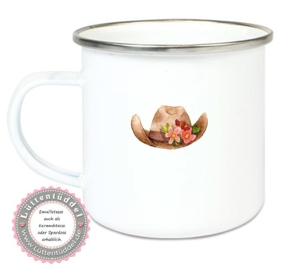 zauberhafte Tasse Emailletasse,COWGIRL Pony Pferd Blumen Reitunterricht Name Wunschname KITA Kindergarten Einschulung Becher Lüttentüddel