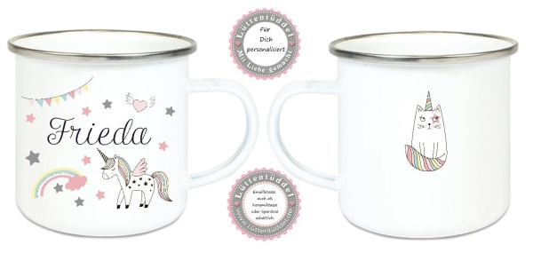 Becher Tasse Emaillebecher Einhorn Regenbogen Sterne Wunschname, Einschulung KITA Dankeschön, Abschied, Jubiläum, Geschenk, von Lüttentüddel