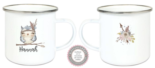 Tasse Emaillebecher Eule Federn BOHO , Einschulung KITA Wunschname, Dankeschön, Geburtstag, Abschied, Jubiläum, Geschenk, Kommunion, Firmung Konfirmation, Becher von Lüttentüddel
