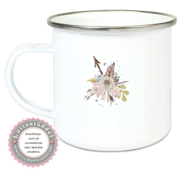Tasse Emaillebecher Eule Federn BOHO , Einschulung KITA Wunschname, Dankeschön, Geburtstag, Abschied, Jubiläum, Geschenk, Kommunion, Firmung Konfirmation, Becher von Lüttentüddel