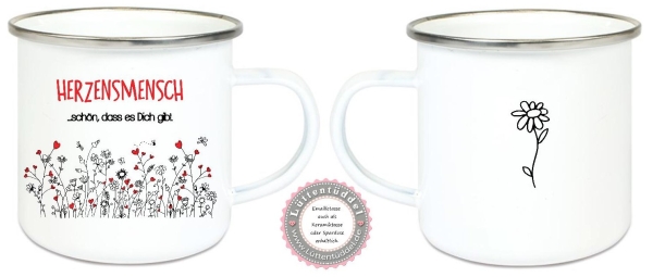 Tasse Emailletasse Becher Herzenzmensch Blumenwiese schön dass es dich gibt. Geburtstag, Muttertag, Vatertag, Abschied, Jubiläum, Geschenk, von Lüttentüddel