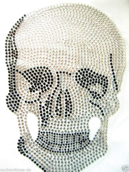 XL 20,4 x 14,3cm Skull Totenkopf  Strass HOTFIX HOTGLUE Bügelbild Applikation