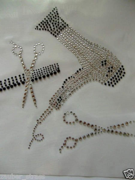 Strass Schere Kamm Fön Bügelbild Friseur Frisör Hotfix
