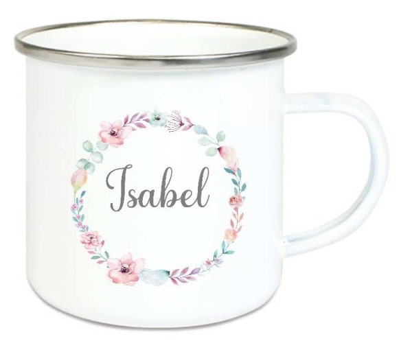 Tasse Emailletasse Kranz zarte Blüten tolle Farben Wunschname, Dankeschön, Abschied, Jubiläum, Geschenk, Becher von Lüttentüddel
