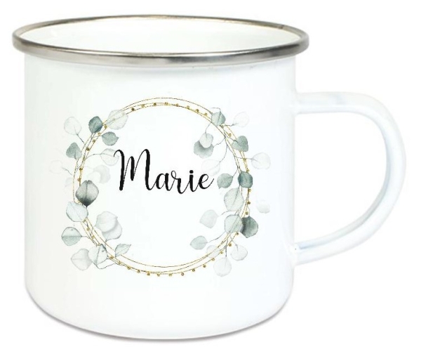 Tasse Emailletasse Blumen Kranz Eukalyptus, Name Wunschname Freundin Dankeschön, Geburtstag, Vatertag, Abschied, Jubiläum, Geschenk, Becher von Lüttentüddel