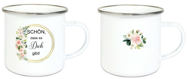 Tasse Becher Emailletasse Kranz Blüten, Rosen, Schön, dass es Dich gibt! Dankeschön, Geburtstag, Vatertag, Abschied, Jubiläum, Geschenk, Becher von Lüttentüddel