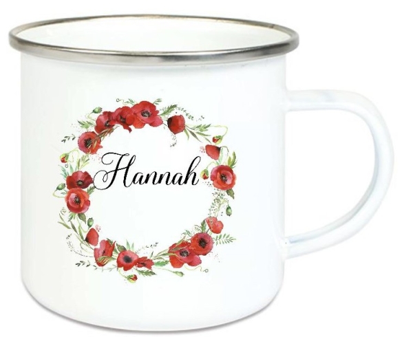 Tasse Emailletasse Blumenkranz Mohn Blüten Wunschname, Dankeschön, Geburtstag, Abschied, Jubiläum, Geschenk, Becher von Lüttentüddel