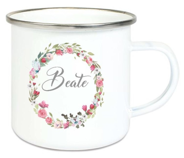 Tasse Emailletasse Rosen Kranz Schmetterlinge Wunschname, Dankeschön, Abschied, Jubiläum, Geschenk, Becher von Lüttentüddel