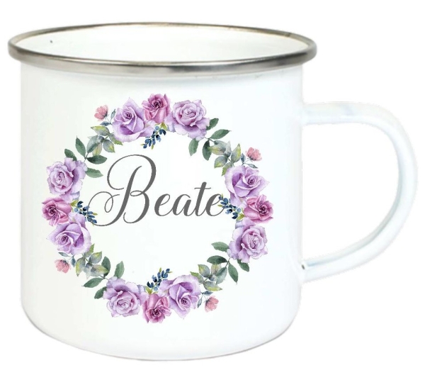 ♥ Tasse Emailletasse Blumenkranz Fliederfarben Wunschname, Dankeschön, Abschied, Jubiläum, Geschenk, Becher von Lüttentüddel