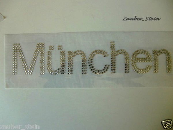 München Schriftzug Strass Hotglue Hotfix Bügelbild