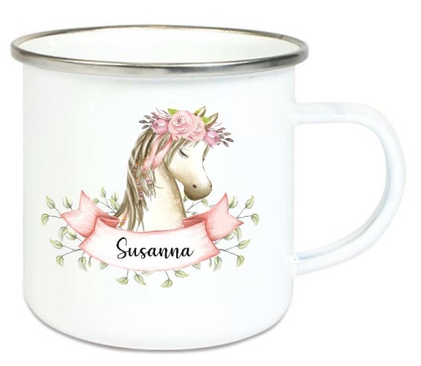 zauberhafte Tasse Emailletasse romantisches Pferd Blumen Boho Name, Wunschname, KITA Kindergarten, Einschulung, Dankeschön, Abschied, Jubiläum, Geschenk, Becher von Lüttentüddel
