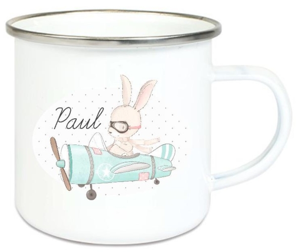 zauberhafte Tasse Emailletasse Pilot Flugzeug Hase blau, Name, Wunschname, KITA Kindergarten, Einschulung, Dankeschön, Abschied, Jubiläum, Geschenk, Becher von Lüttentüddel