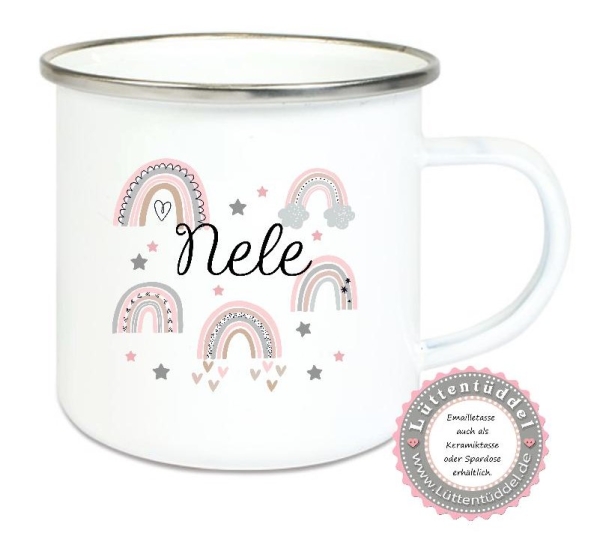 Becher Tasse Emaillebecher ganz viele Regenbogen, Mädchen, Einschulung KITA Wunschname, Dankeschön, Geburtstag, Abschied, Jubiläum, Geschenk, Kommunion, Firmung Konfirmation, Becher von Lüttentüddel