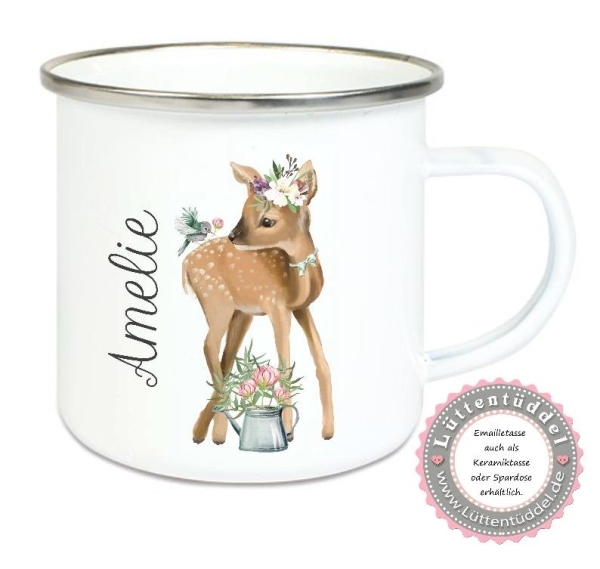 Tasse Emailletasse Reh Rehlein Vögelchen Doll tolle Farben, Wunschname, Einschulung KITA Dankeschön, Abschied, Jubiläum, Geschenk, Becher von Lüttentüddel