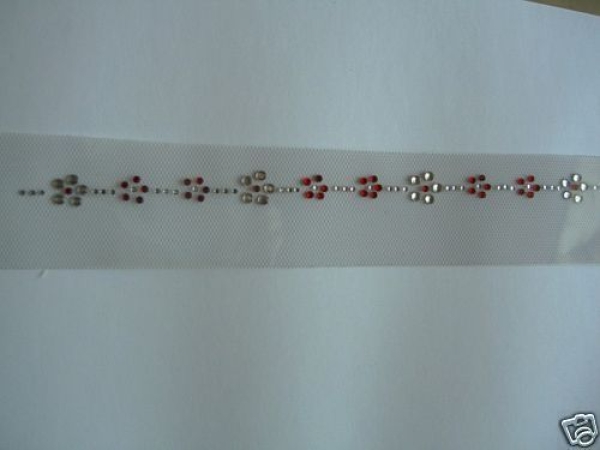 Blüten Bordüre m Rot Ornament Strass HOTFIX HOTGLUE Bügelbild Applikation