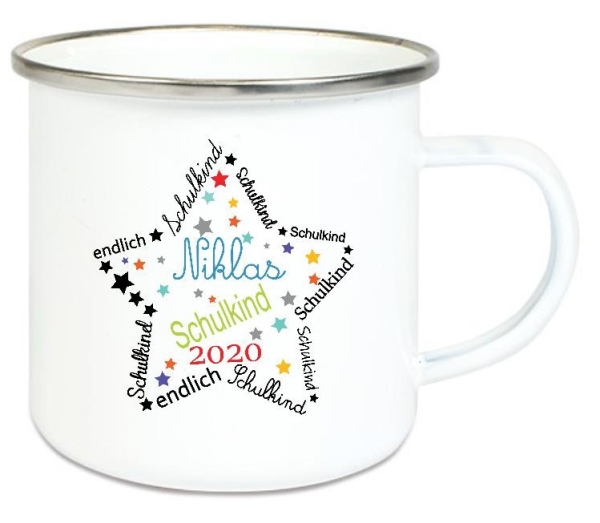 zauberhafte Tasse Emailletasse Schulkind Stern, bunt, Junge, Name, Wunschname, KITA Kindergarten, Einschulung, Dankeschön, Abschied, Jubiläum, Geschenk, Becher von Lüttentüddel