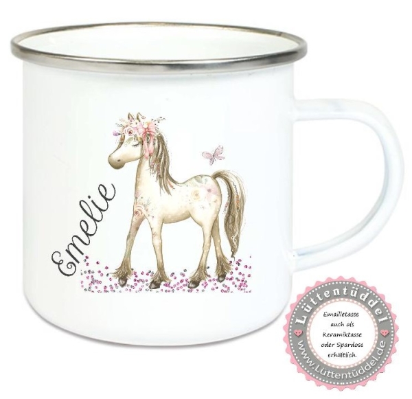 Tasse Emailletasse zauberhaftes Pferd Traumpferd Boho Schmetterlinge Blüten, Wunschname, Einschulung, KITA, Geburtstag, Dankeschön, Abschied, Jubiläum, Geschenk, Becher von Lüttentüddel